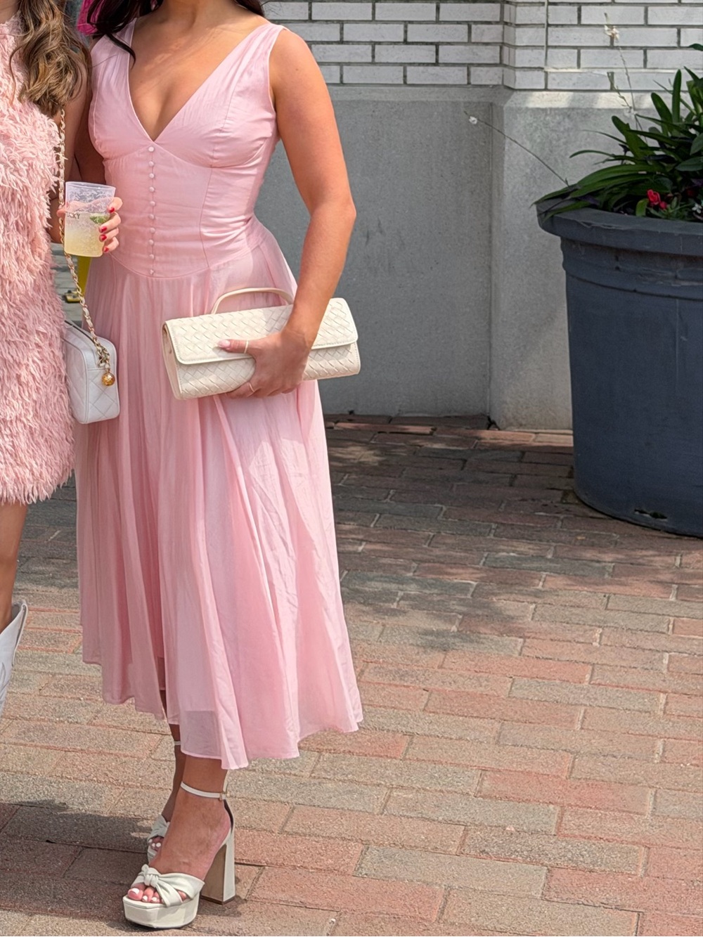 House of CB Soft Pink V-Neck Button-Front Midi Dress